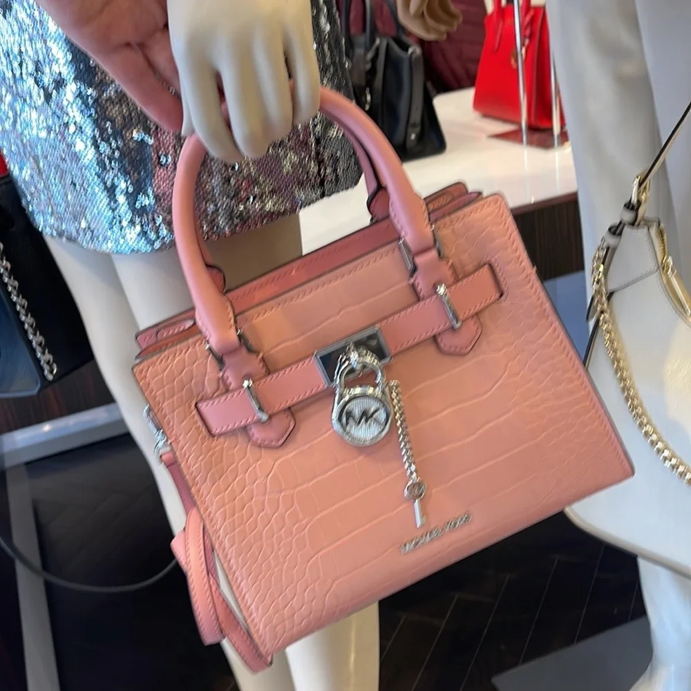 MICHAEL KORS Hamilton Small Crocodile Embossed Faux Leather Satchel Primrose NWT